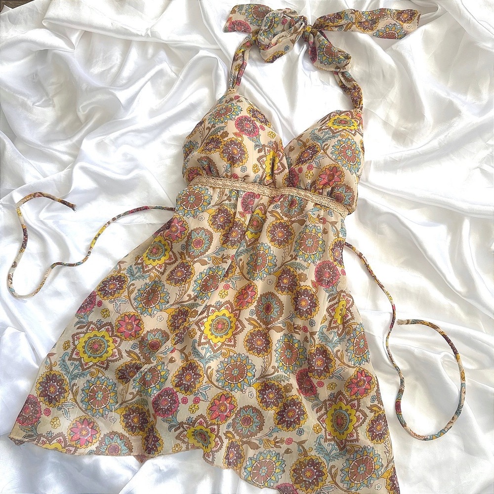 Jordache Juniors Floral Paisley Halter Top Boho Metallic Gold Stripe Tan Large